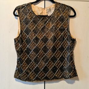 Vintage Papēll Boutique Evening Gold/Black Beads, silk-lined, sleeveless blouse